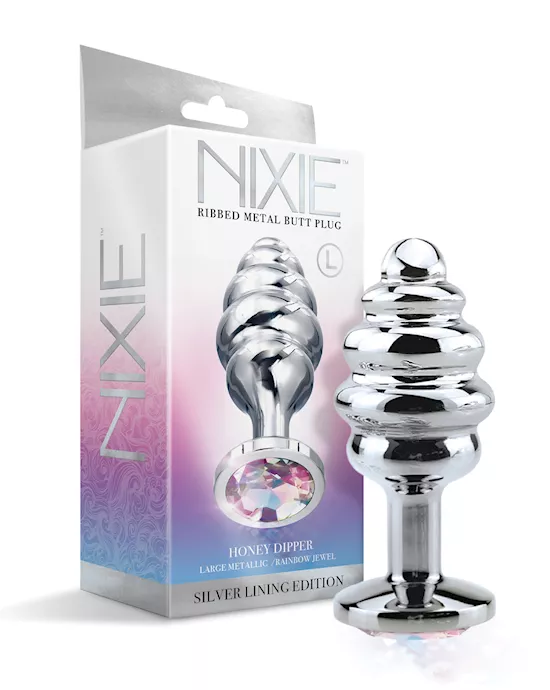 Nixie Honey Dipper Ribbed Metal Rainbow Jeweled Butt Plug - Large