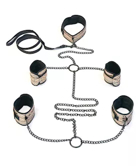 Spartacus Faux Leather Collar to Wrist amp Ankle Restraints Bondage Kit wLeash  Gold