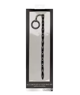 Shots Ouch Urethral Sounding Silicone Plug amp Cock Ring Set  Black