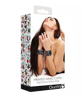 Shots Ouch Old School Tattoo Style Printed Hand Cuffs Black