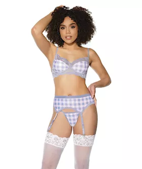 Crystal Pink Buffalo Check Print Bra Garter Belt amp String GreyPink XL