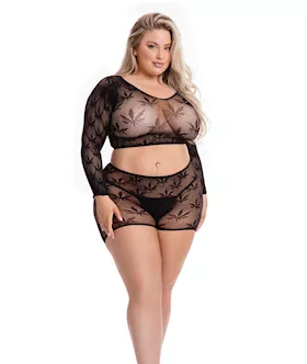 Pink Lipstick Leaf it to Me Long sleeve Crop Top amp Short Black QN