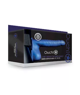 Shots Ouch 8quot Ribbed Hollow Strap On wBalls  Metallic Blue