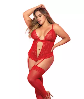 Lace amp Mesh Teddy wHook amp Eye Crotch Closure wAttached Garter Straps Red 2X3X