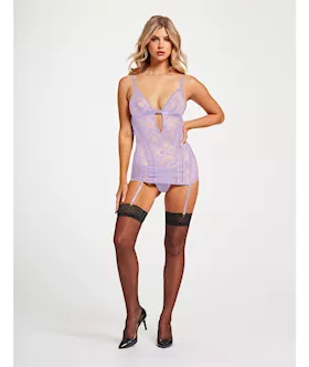 Lace amp Mesh Triangle Cup Chemise wGarters amp Thong Lavender LG