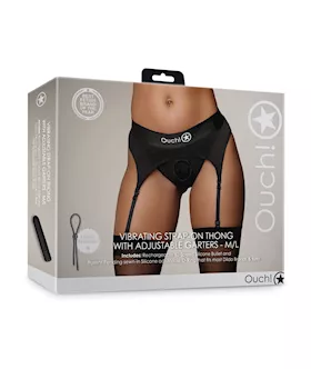 Shots Ouch Vibrating Strap On Thong wAdjustable Garters Black ML