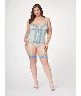 Lace amp Mesh Bustier wLace Up Center Garter Belt amp Thong Blue 1X2X