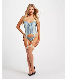 Lace amp Mesh Bustier wLace Up Center Garter Belt amp Thong Blue MD