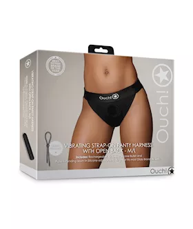 Shots Ouch Vibrating Strap On Panty Harness wOpen Back Black ML