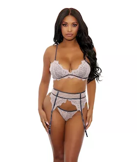 Floral Lace Bra Cage Garter Belt amp GString Dusty Pink LG