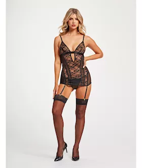 Lace amp Mesh Triangle Cup Chemise wGarters amp Thong Black SM