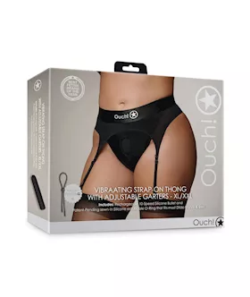 Shots Ouch Vibrating Strap On Thong wAdjustable Garters Black XLXXL