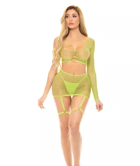 Pink Lipstick Right Thru Me Fishnet Top Garter Skirt amp GString Neon Green OS