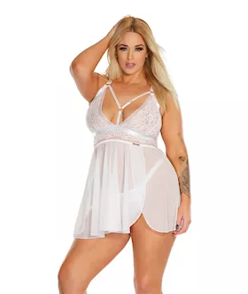 Black Label Net amp Scallop Lace Babydoll wSide Slit amp Thong White OSXL