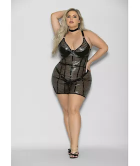 Flame Fetish Mistress Lasercut Lattice Chemise wChoker amp Thong Black 1X2X