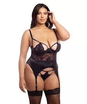 Demi Padded Shelf Cup Merrywidow wOverlay Lace amp Panty BlackHeliotrope 1X