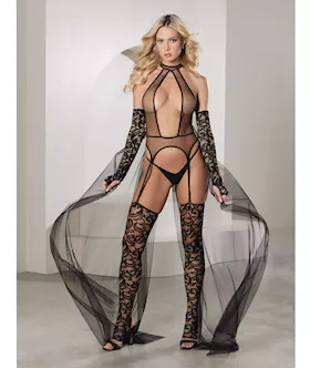 Private Dancer Gartered Teddy wThigh High Stocking amp Detachable Train Black MD