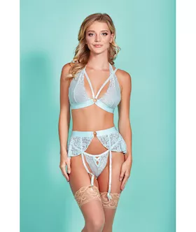 Mercedes Cross Dyed Galloon Lace Strappy Halter Bra Garter Skirt amp GString Light Blue XL