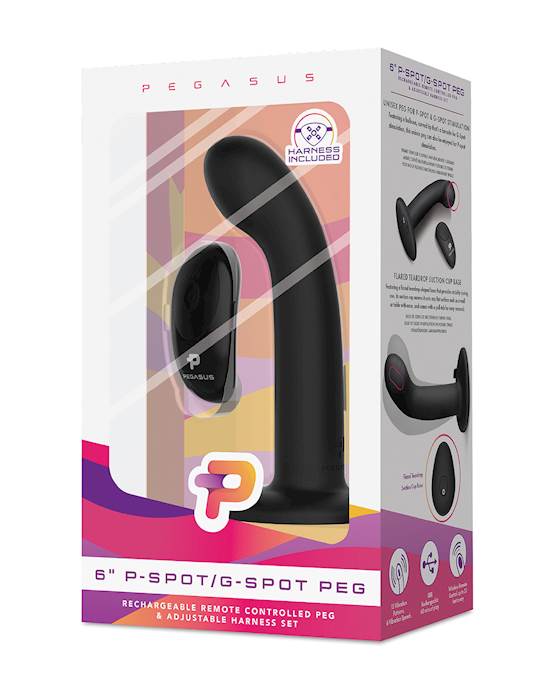 Pegasus 6quot Rechargeable PSpot GSpot Peg wAdjustable Harness amp Remote Set  Black