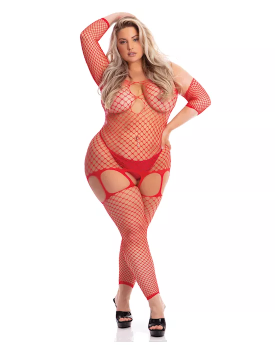 Pink Lipstick In My Head Net Bodystocking Red QN