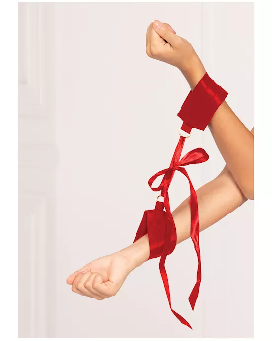 Satin Elastic Cuffs D-ring & Satin Ribbon Tie Red O/s