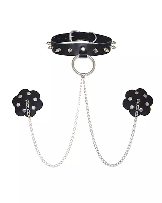 Neva Nude Burlesque Slave 4 U Chain Neck Choker Leather Reusable Silicone Pasties - Black O/S
