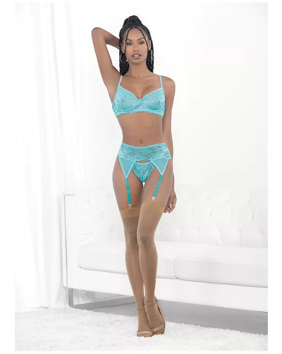 Lace & Mesh Underwire Bra, Garterbelt & G-String Malibu Blue XL