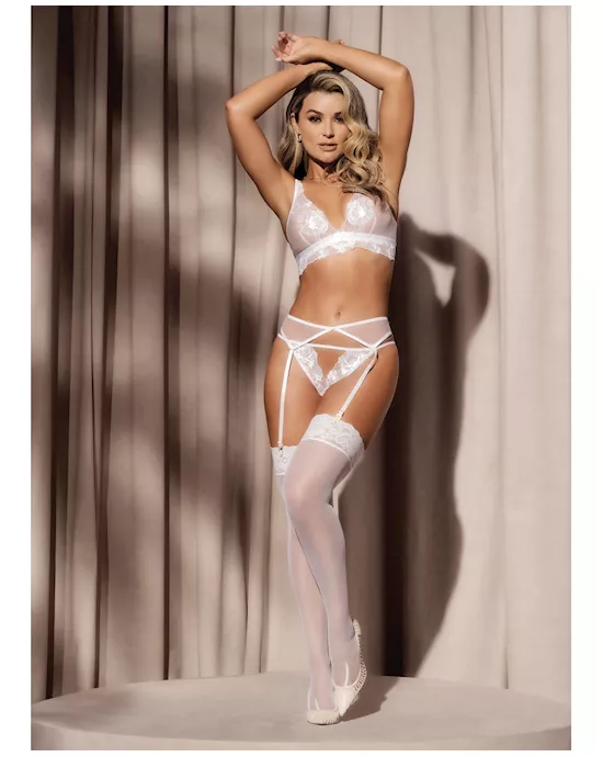 Floral Lace & Mesh Top, Garter Belt & Peek A Boo Panty White XL