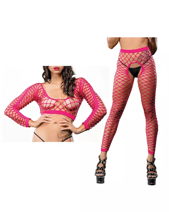 Beverly Hills Naughty Girl Crotchless All Over Mesh Leggings Pink O/S
